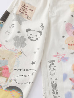 OYL-Lab Cartoon Teddy Bear Print Baggy Jeans