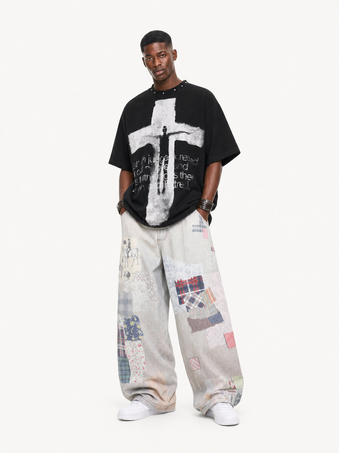 OYL-Lab Faux Denim Vintage Patchwork Print Pants