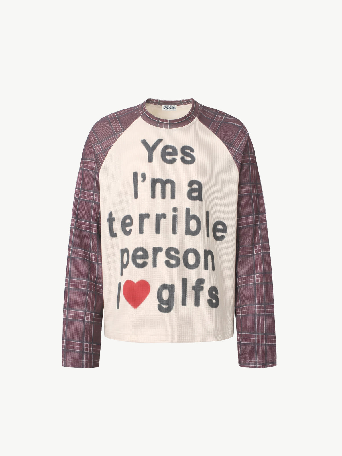 OYL-Lab Slogan Graphic Waffle Knit Raglan Long Sleeve Tee