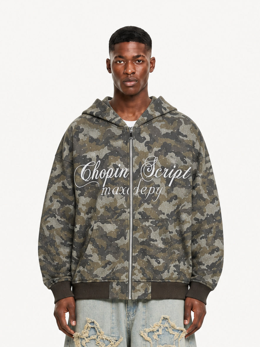 OYL-Lab Sparkle Rhinestone Camo Zip Up Hoodie