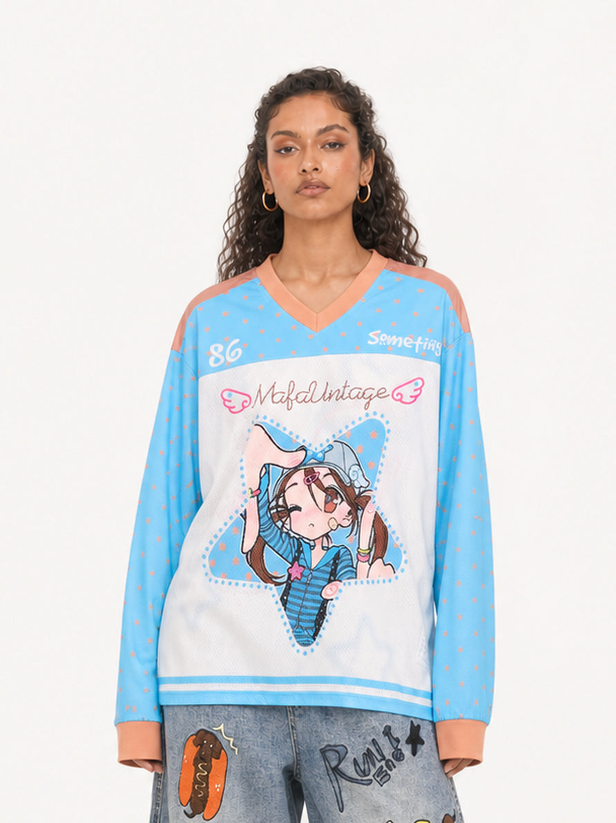 OYL-Lab  Anime Girl Graphic Jersey Long Sleeve Tee