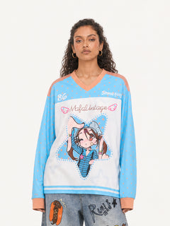 OYL-Lab  Anime Girl Graphic Jersey Long Sleeve Tee
