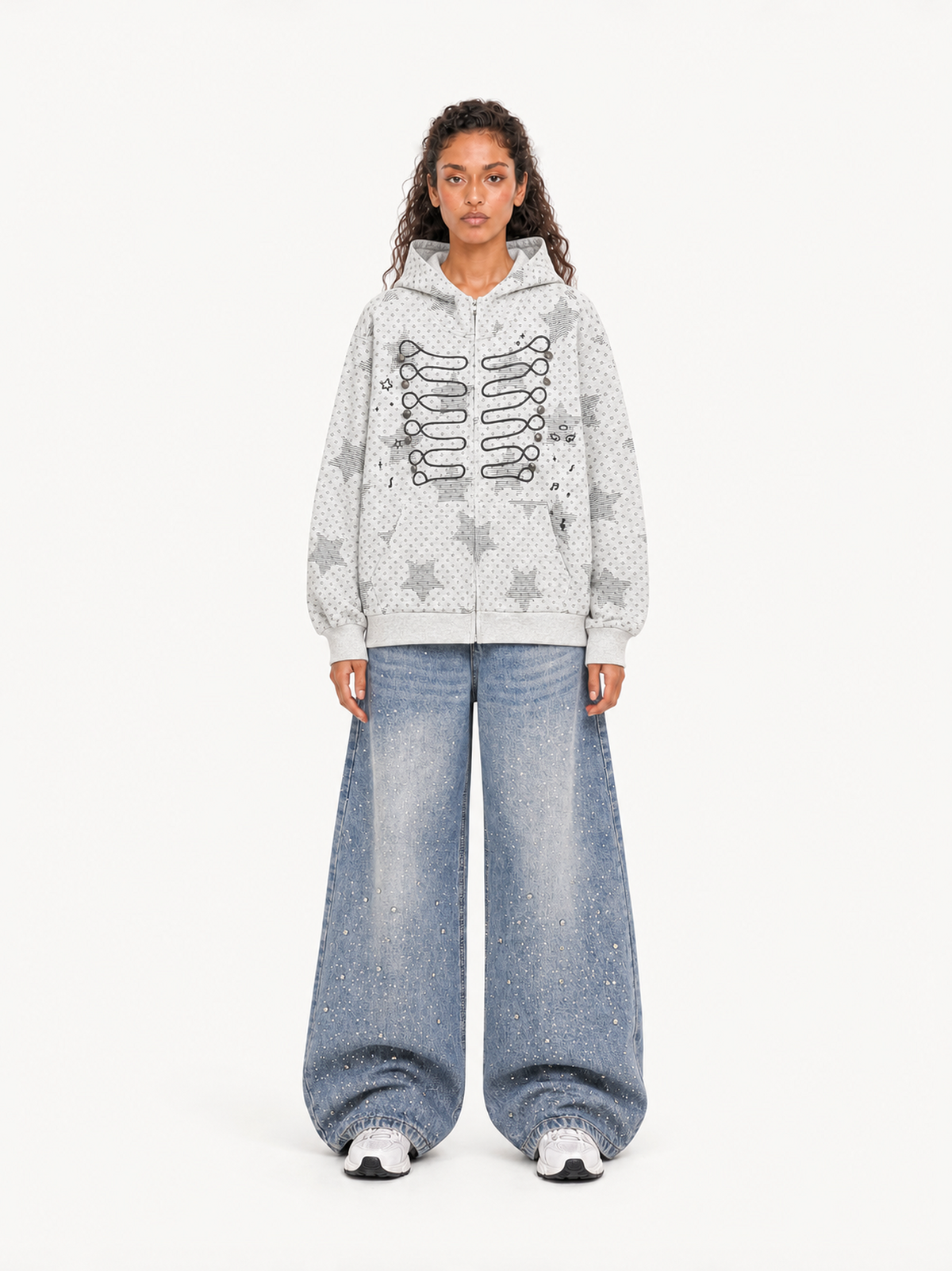 OYL-Lab Star Print  Embroidery Zip Up Hoodie