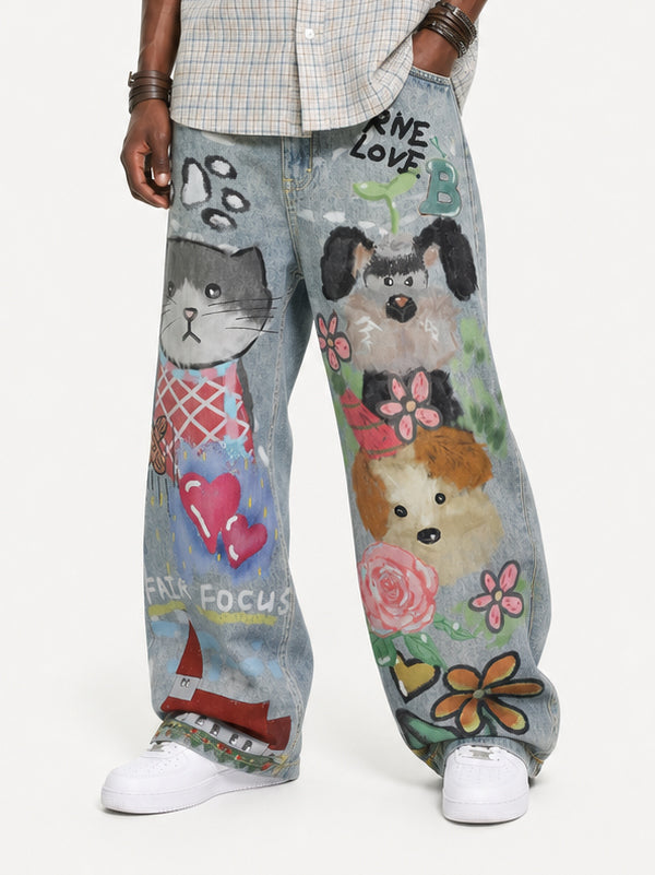 OYL-Lab Faux Denim Hand Drawn Cat Dog Print Pants