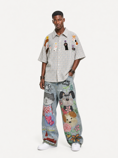 OYL-Lab Faux Denim Hand Drawn Cat Dog Print Pants