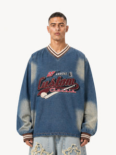 OYL-Lab Vintage Washed Denim V-Neck Sweatshirt
