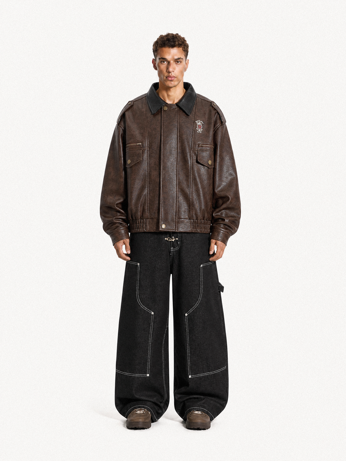 OYL-Lab Vintage Distressed Faux Leather Bomber Jacket