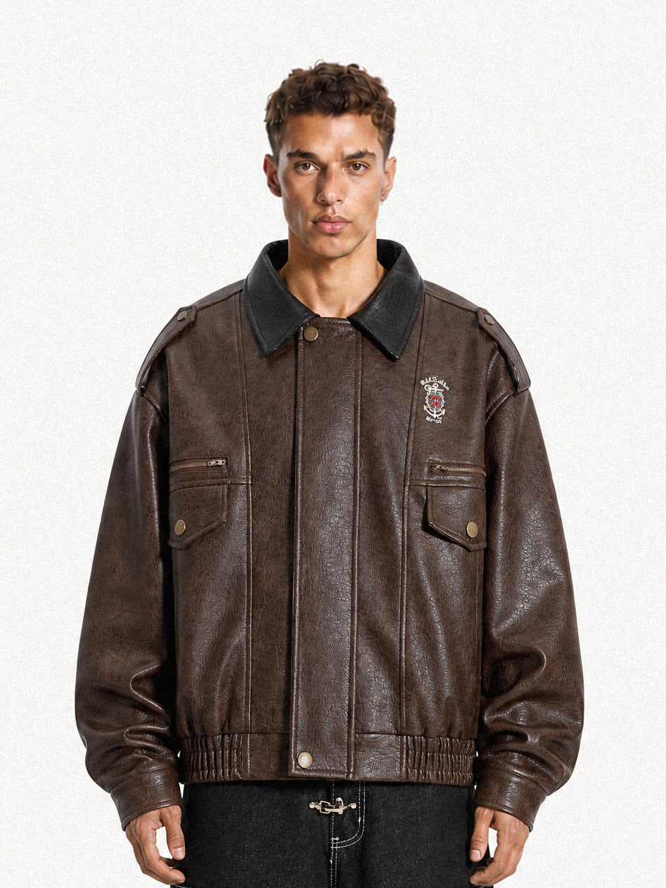 OYL-Lab Vintage Distressed Faux Leather Bomber Jacket
