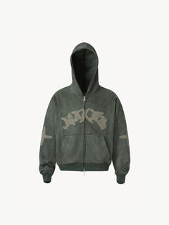 OYL‑Lab Raw-Edge Applique Faux Suede Zip Up Hoodie