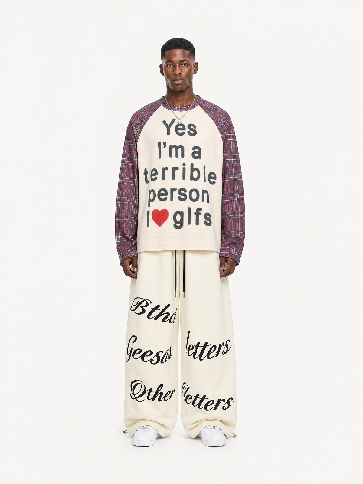 OYL-Lab Slogan Graphic Waffle Knit Raglan Long Sleeve Tee