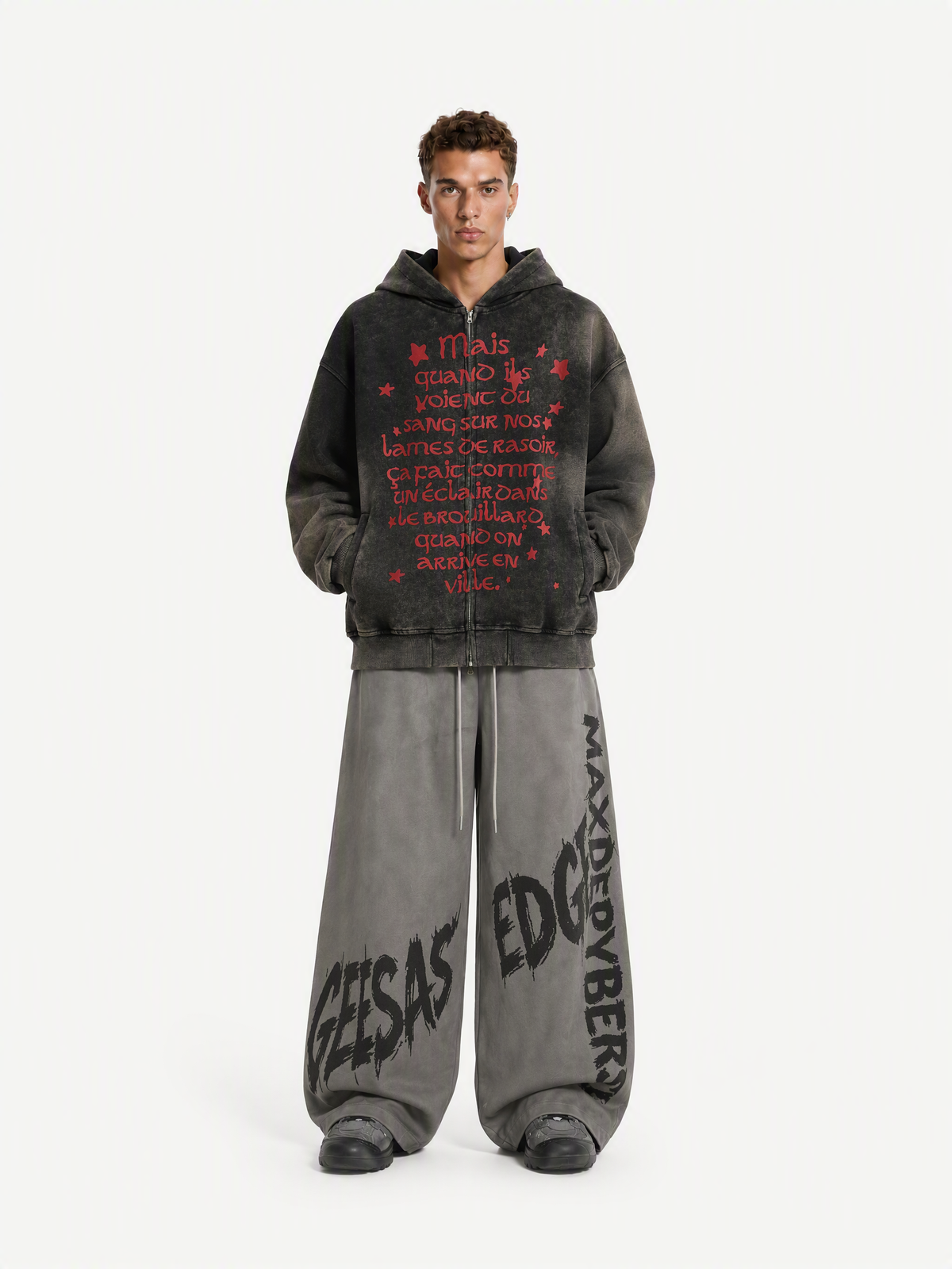 OYL‑Lab Vintage Acid-Wash Gothic Text Star Print Full-Zip Hoodie