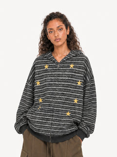 OYL-Lab Oversized Striped Star Embroidered Zip Up Hoodie