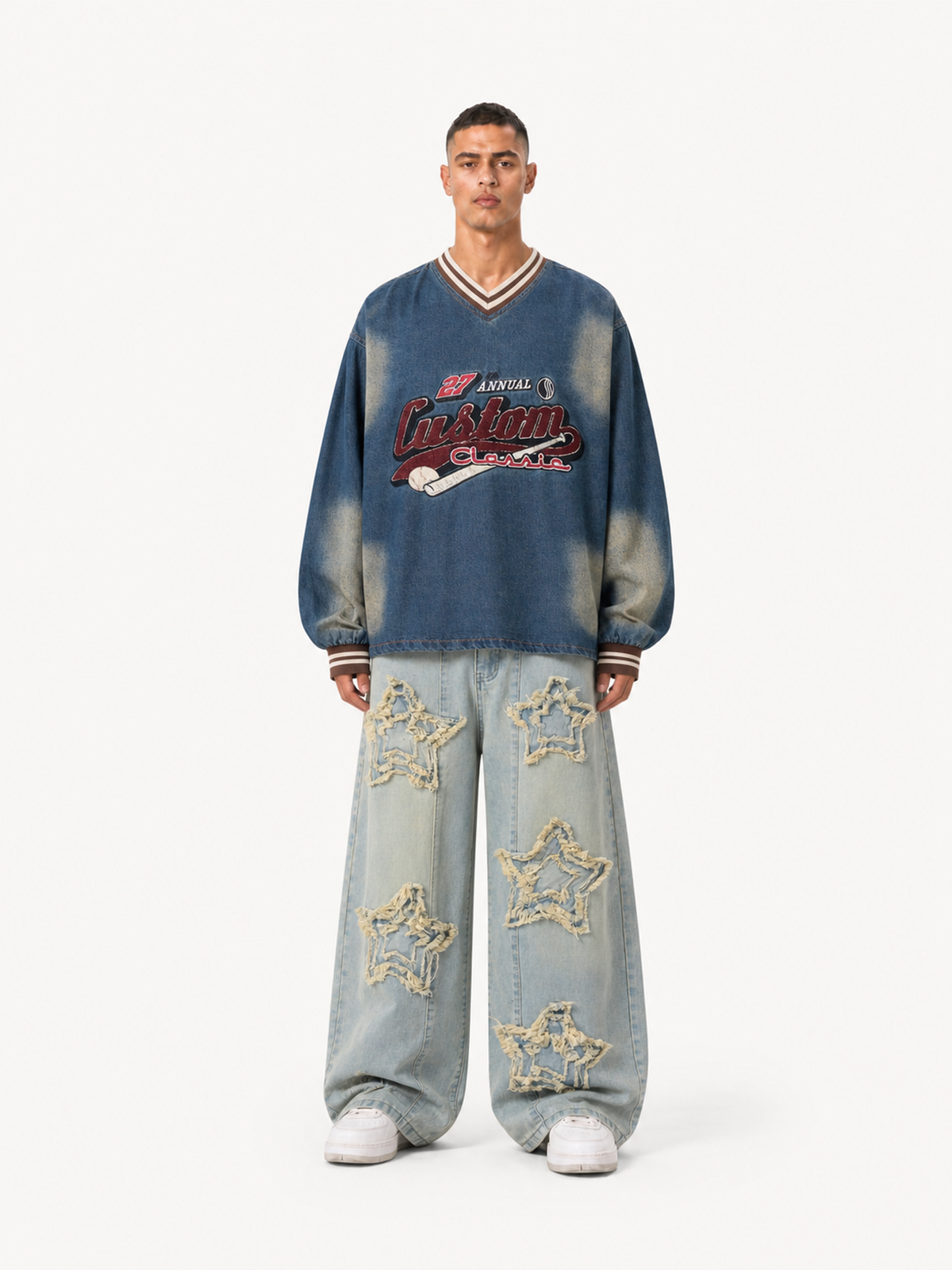 OYL-Lab Vintage Washed Denim V-Neck Sweatshirt