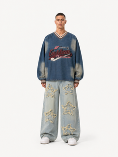 OYL-Lab Vintage Washed Denim V-Neck Sweatshirt