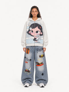 OYL-Lab Cartoon Graphic Zip Up Hoodie