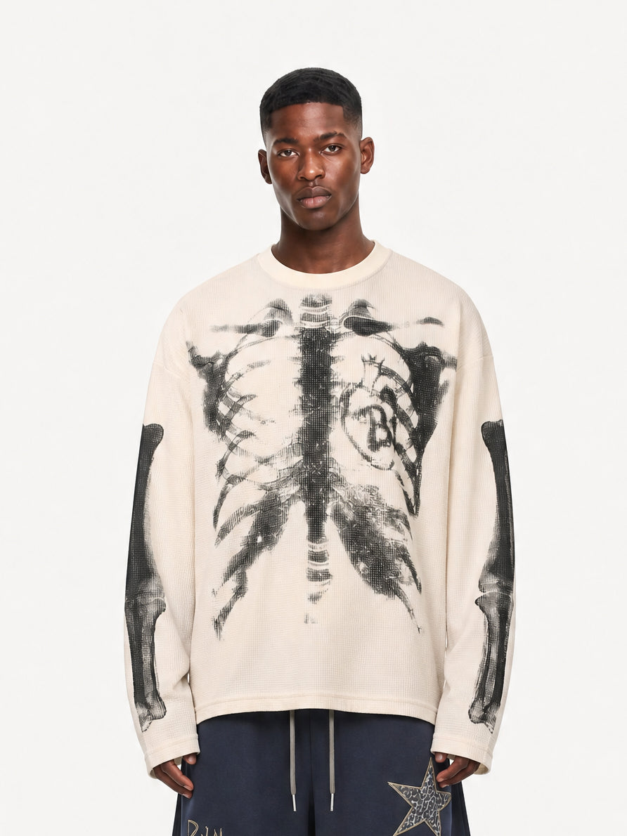 OYL-Lab Waffle Knit Skeleton Graphic Long Sleeve Tee
