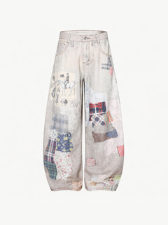 OYL-Lab Faux Denim Vintage Patchwork Print Pants
