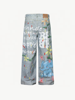 OYL-Lab Faux Denim Hand Drawn Cat Dog Print Pants
