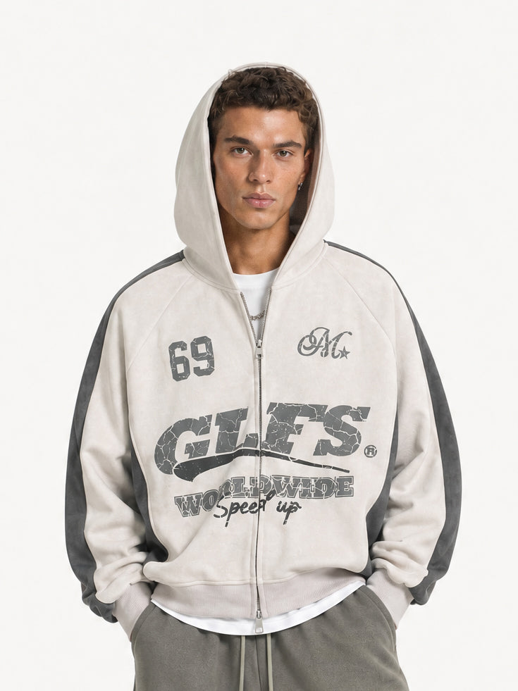 OYL‑Lab Vintage Crack Print Color‑Block Zip Up Hoodie
