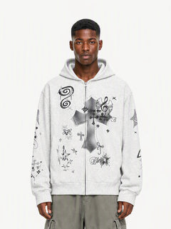 OYL-Lab Retro Halftone Cross Graphic Zip Up Hoodie
