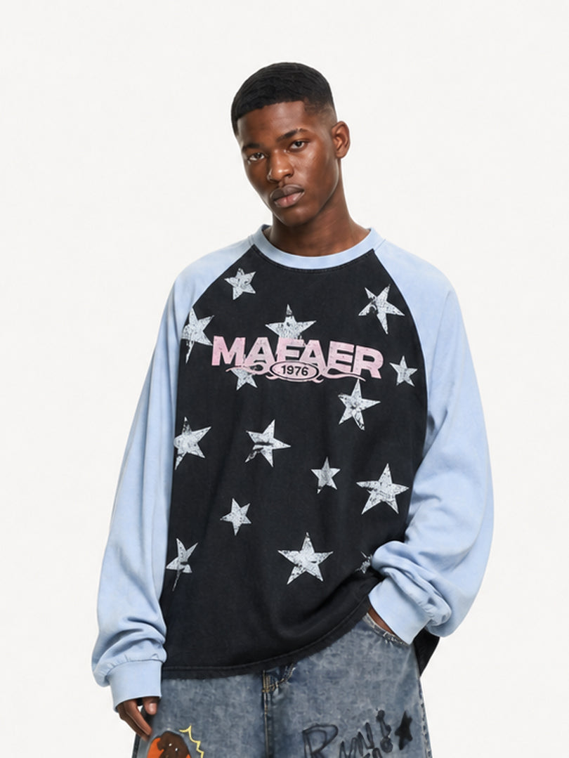 OYL-Lab Vintage Washed Star Print Raglan Sweatshirt