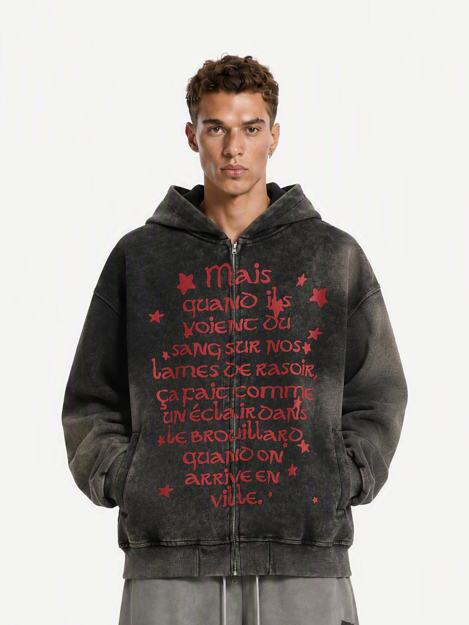 OYL‑Lab Vintage Acid-Wash Gothic Text Star Print Full-Zip Hoodie