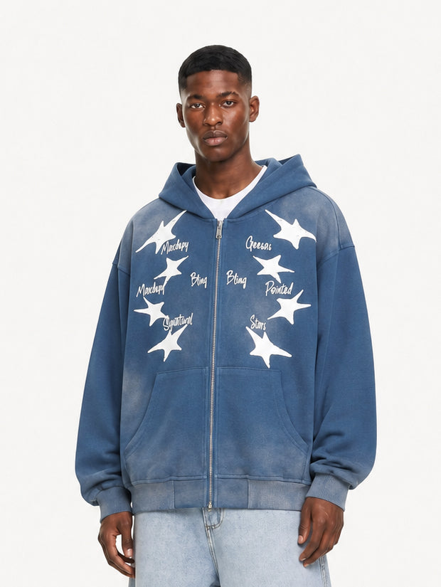 OYL-Lab Vintage Acid Wash Star Print Zip Up Hoodie
