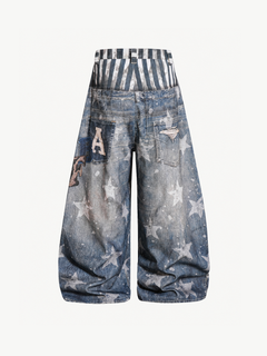 OYL-Lab Vintage Striped Waist Star Balloon Wide Leg Pants