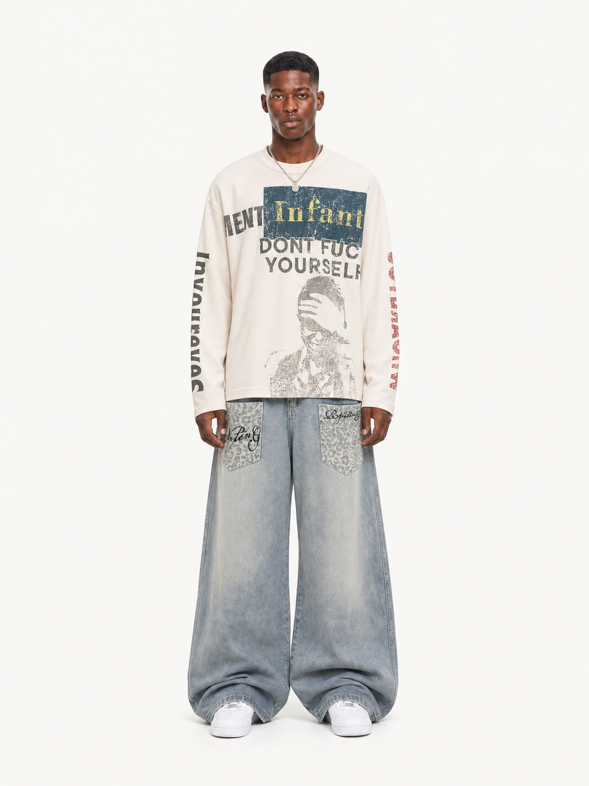 OYL-Lab Waffle Distressed Print Long Sleeve Tee