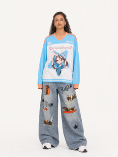 OYL-Lab Dachshund Towel Embroidery Baggy Jeans