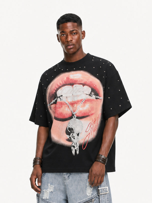 OYL-Lab Waffle Knit Lips Skull Graphic Tee