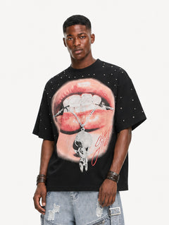 OYL-Lab Waffle Knit Lips Skull Graphic Tee