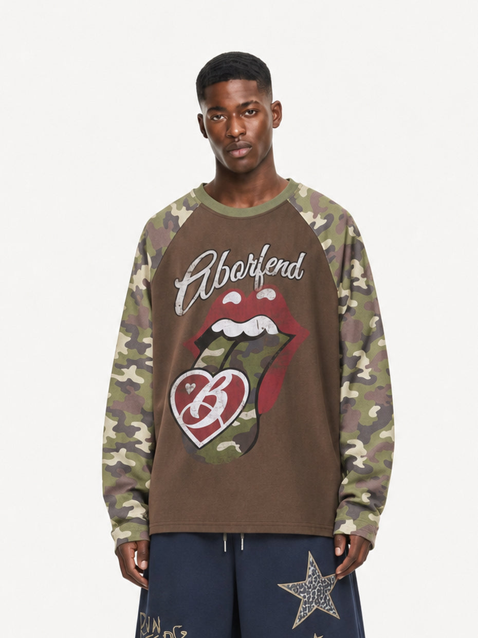 OYL-Lab Camouflage  Vintage Lips Graphic  Long Sleeve Tee