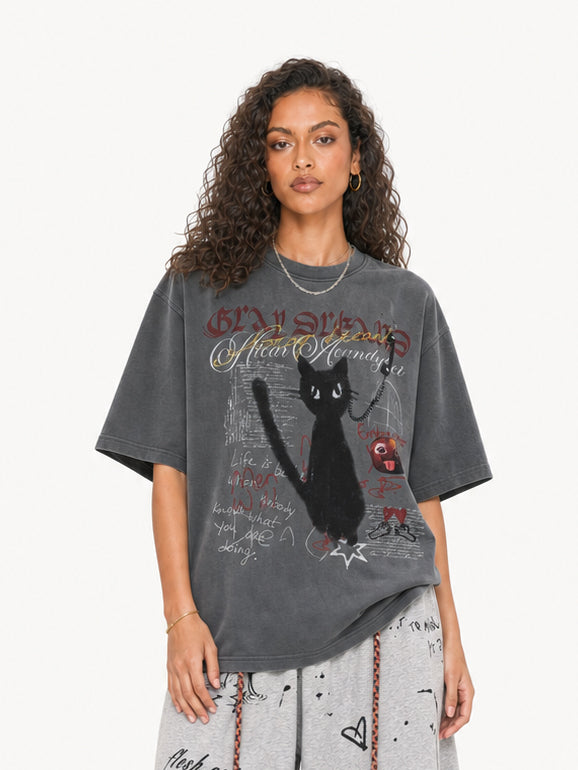 OYL-Lab Vintage Washed Black Cat Graffiti Tee