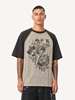 OYL-Lab  Faded Sketch Cat Butterfly Color Block Tee